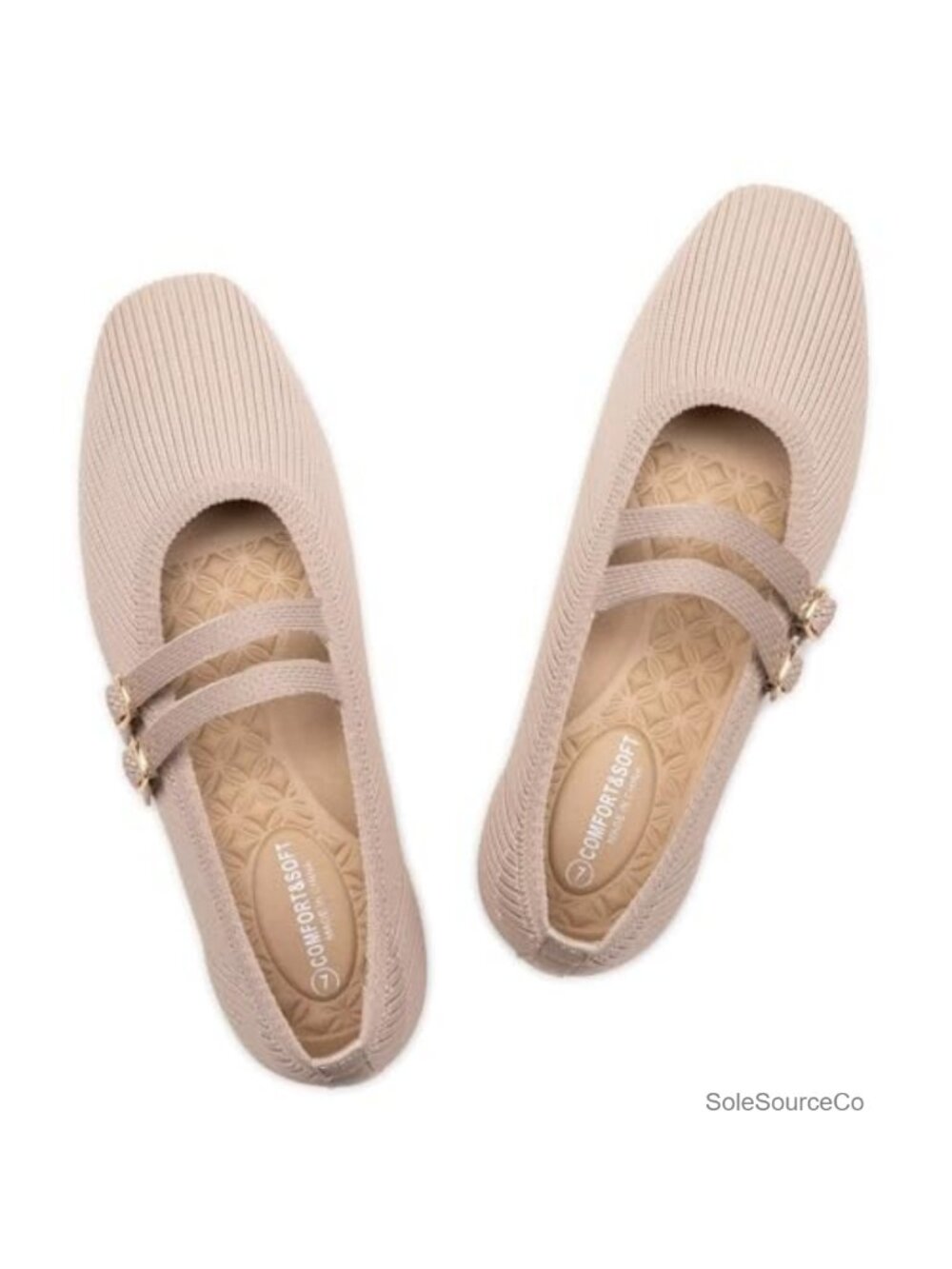 Women's Square Toe Mary Jane Flats with Adjustable Strap, Knit Ballet Shoes